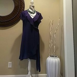 Purple side ruffled dress with drape falling neck.